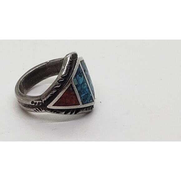Vintage Native American Navajo Turquoise Coral Inlay Sterling Silver Ring 5.75 - Picture 6 of 7